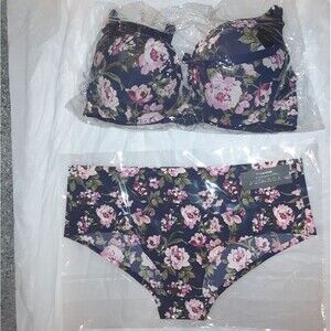 Youmita 36C Patriot Blue Floral Push Up Bra and Large Seamless Panty